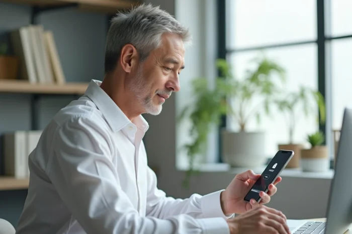 Personne se connectant discrètement à un espace membre depuis son téléphone à domicile