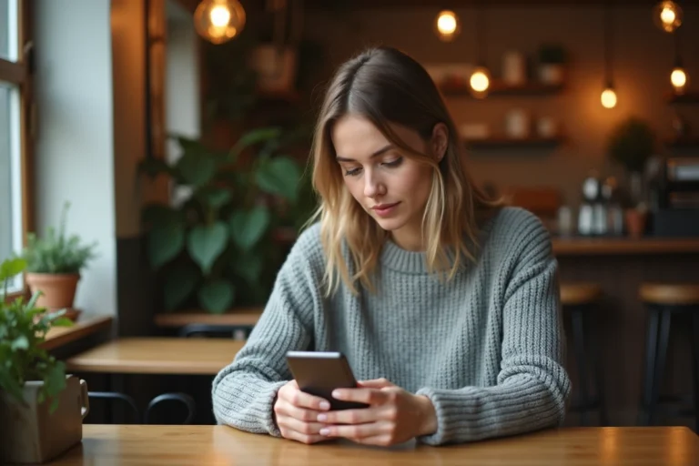 Femme accédant discrètement à un espace membre sur son smartphone dans un café