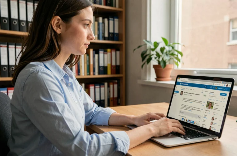 Jeune femme accédant à sa messagerie académique Mel2web sur un ordinateur portable dans un bureau universitaire
