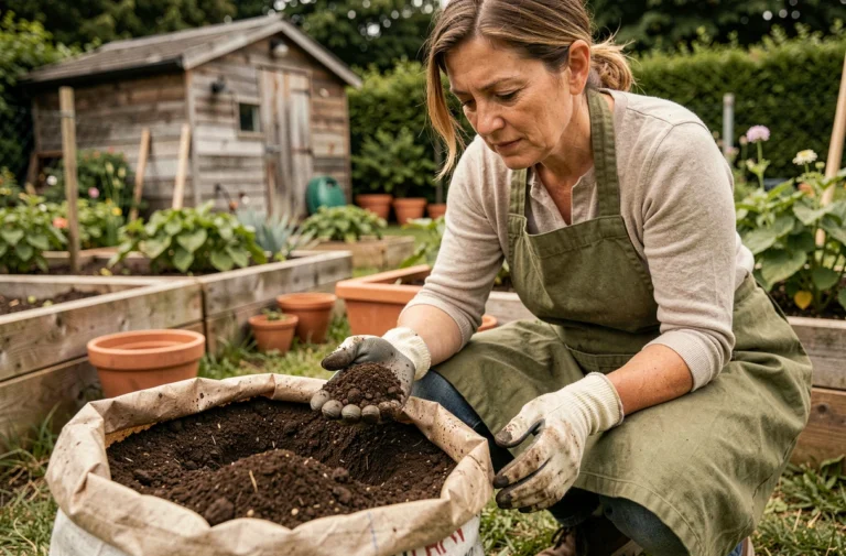 Femme jardinière examinant la qualité de la terre végétale dans un jardin potager