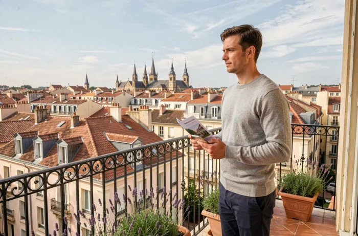 Jeune acheteur immobilier sur un balcon avec vue panoramique sur les toits en briques roses de Toulouse