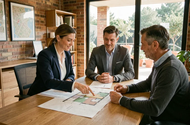Agent immobilière en réunion avec un couple dans une agence immobilière moderne à Toulouse, analysant des plans de propriété