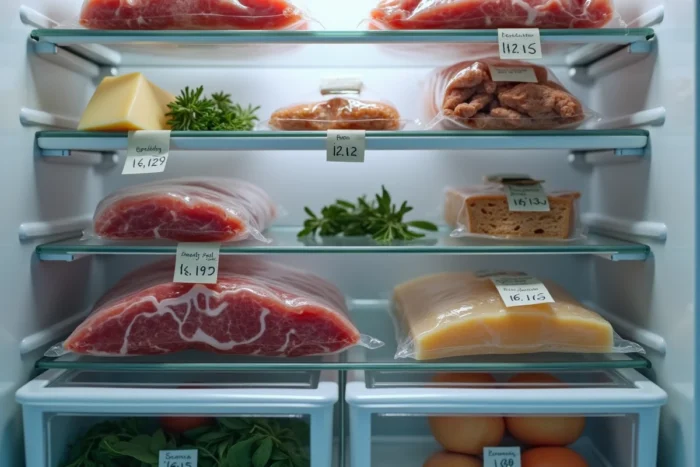 Intérieur de réfrigérateur organisé avec des aliments emballés sous vide étiquetés par date