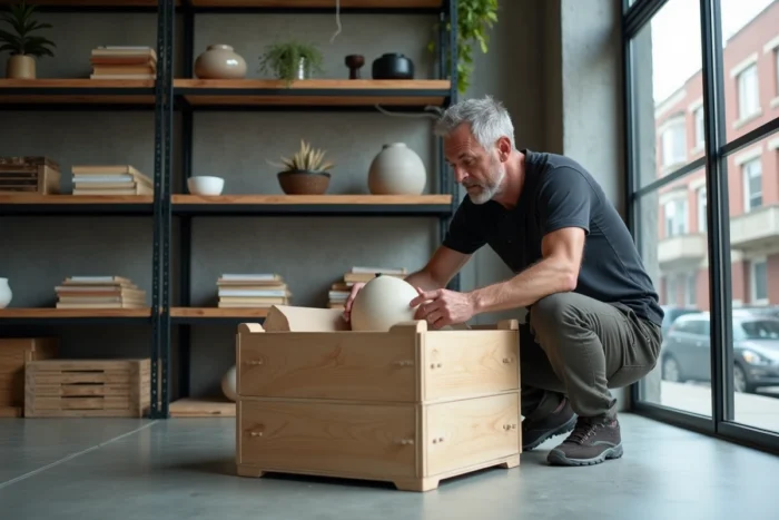 Homme déballant une lampe céramique artisanale dans un espace de travail créatif avec des murs en béton brut et des étagères métalliques ouvertes