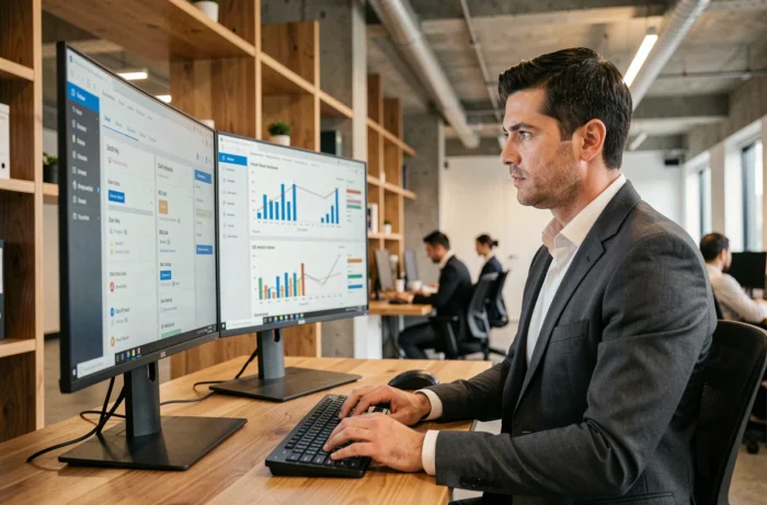 Responsable marketing B2B analysant des données de croissance et des indicateurs de performance sur des écrans dans un espace de travail moderne