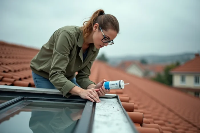 Femme appliquant un mastic d'étanchéité sur le cadre extérieur d'un velux posé sur une toiture en tuiles, entretien toiture maison