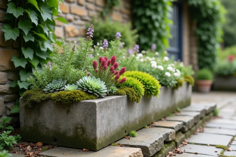 Auge en pierre ancienne plantée de sedums et sempervivums sur une terrasse en pierre dans un jardin de cottage