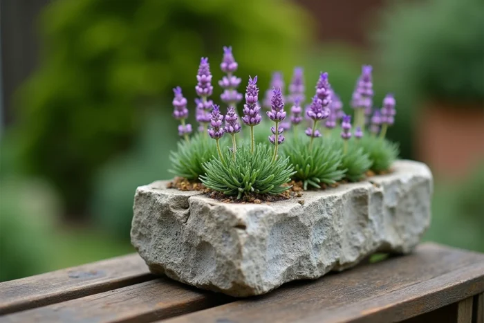 Gros plan sur une auge en pierre plantée de thym rampant, lavande naine et saxifrage posée sur un banc de jardin en bois