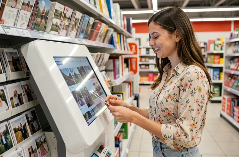Jeune femme utilisant une borne photo en libre-service dans un hypermarché Leclerc pour imprimer des photos d'événement