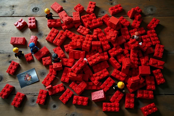 Briques rouges Lego Le Hobbit disposées en flat lay sur une table en bois avec minifigurines et notice