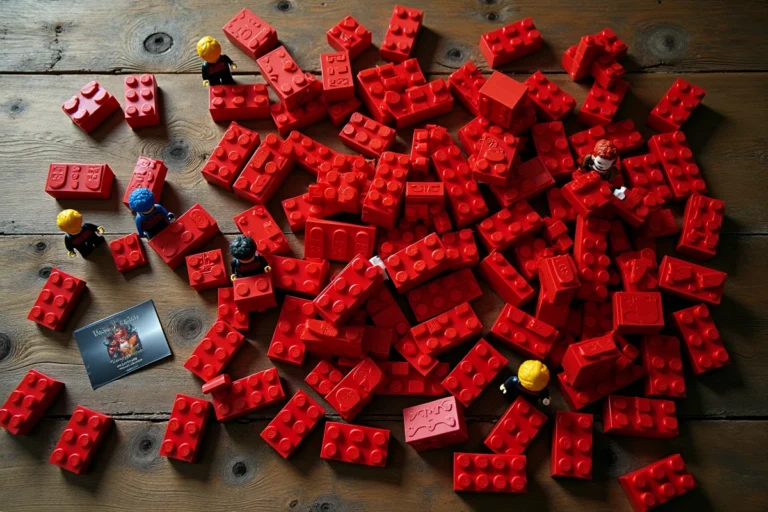 Briques rouges Lego Le Hobbit disposées en flat lay sur une table en bois avec minifigurines et notice