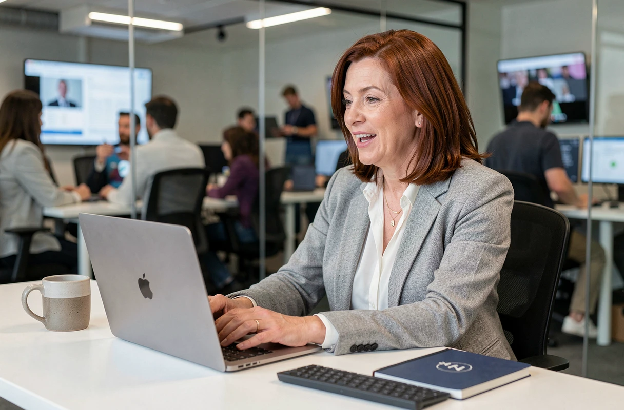 Femme cadre en réunion vidéo dans un bureau vitré moderne lors d'un projet d'innovation technologique