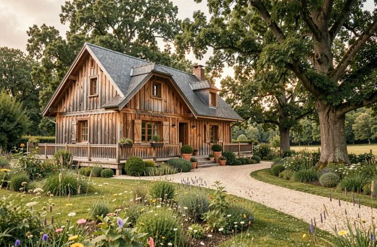 Chalet en bois traditionnel installé sur un terrain privé en France entouré d'arbres et d'un jardin fleuri