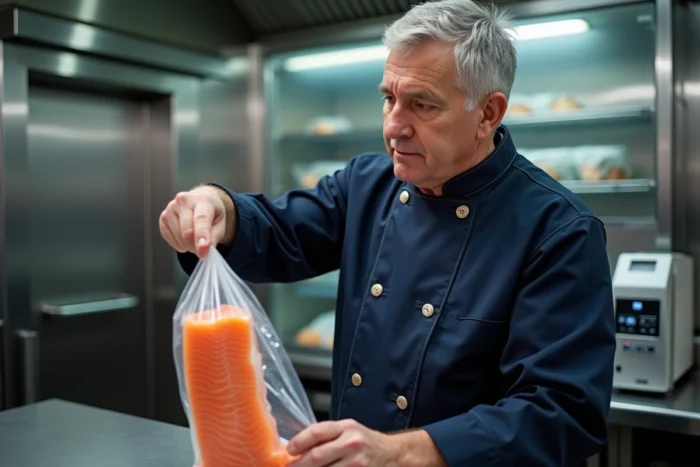 Chef professionnel inspectant un sac sous vide de filets de saumon dans une cuisine professionnelle