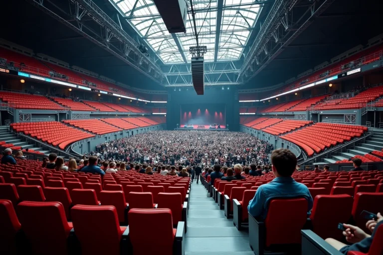 Vue panoramique de l'Accor Arena avec des rangées de sièges rouges et noirs vus depuis un niveau intermédiaire, public adulte choisissant ses places pour un concert