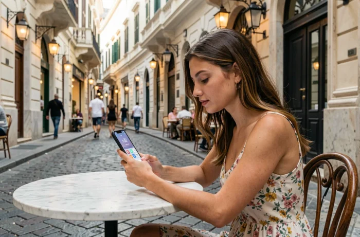 Jeune femme grecque consultant un smartphone affichant l'indicatif +30 dans une rue de Thessalonique