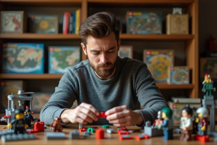 Collectionneur examinant une brique rouge Lego Le Hobbit devant une étagère remplie de sets Lego