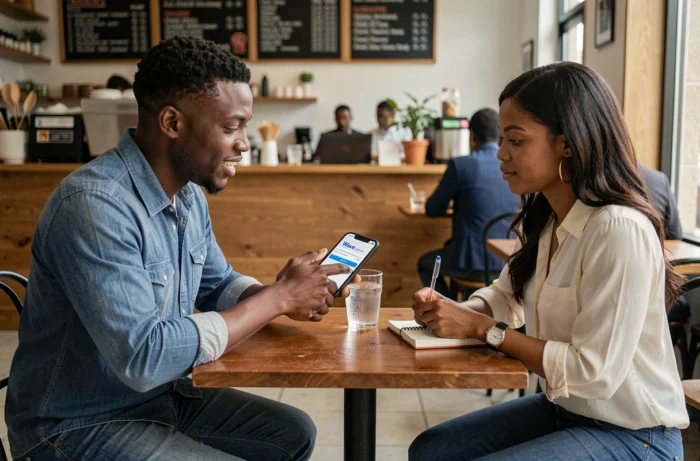 Deux collègues discutant d'une demande de prêt sur l'application Wave Money dans un café urbain