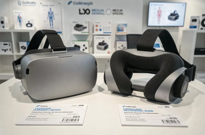 Comparaison de deux casques de réalité virtuelle thérapeutiques à différents prix sur une surface blanche