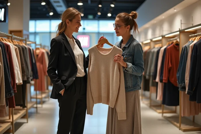 Deux femmes comparant des tailles de pull H&M dans un magasin pour faire le bon choix