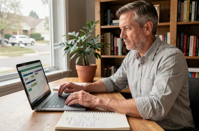 Un homme comparant des taux d'intérêt de prêt immobilier sur un ordinateur portable dans son bureau à domicile