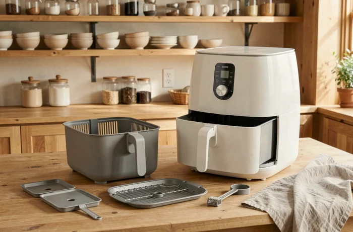 Comparatif de deux friteuses sans huile avec leurs accessoires lavables posés sur un îlot de cuisine en bois