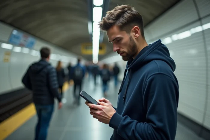 Homme consultant son espace membre sur mobile dans une station de métro