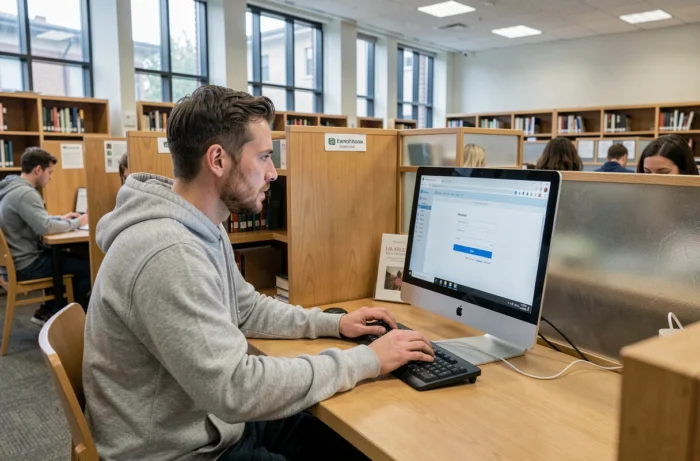 Homme consultant sa messagerie académique mel2web sur un ordinateur de bibliothèque universitaire