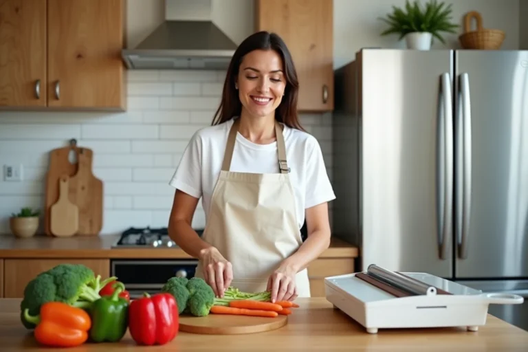 Femme sous-vidant des légumes frais dans une cuisine moderne en bois et carrelage blanc