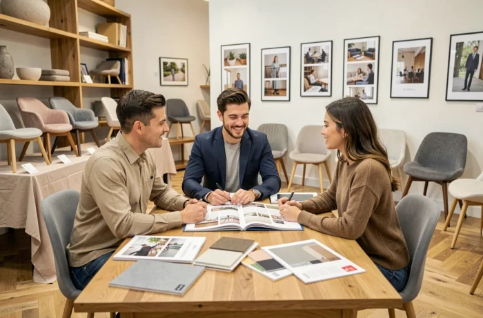 Couple en consultation avec un conseiller dans une agence de location de matériel pour événements privés et professionnels