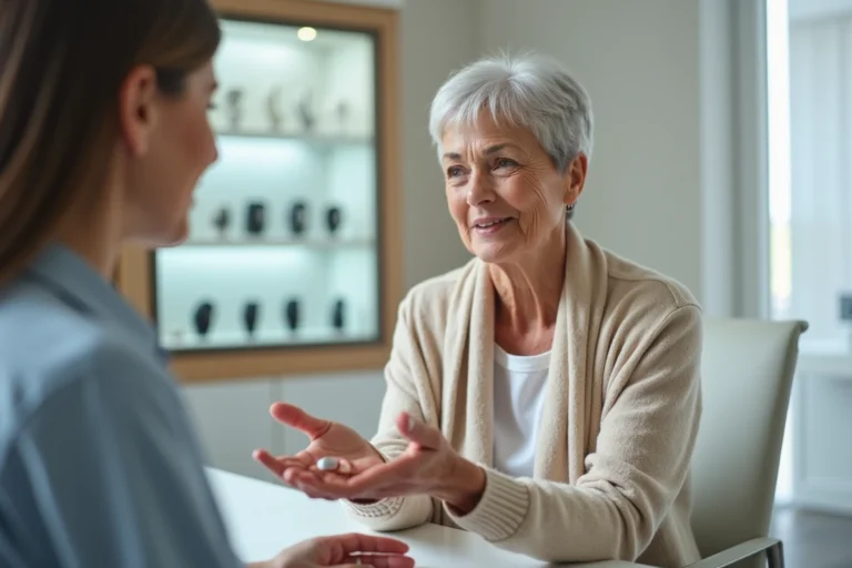Une femme senior examine un appareil auditif Audika lors d'une consultation chez un audioprothésiste
