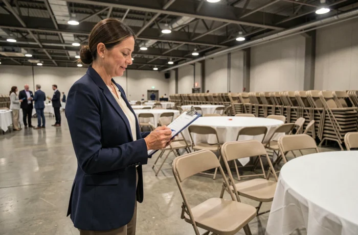Coordinatrice d'événements professionnels vérifiant une liste de matériel de location dans une salle de convention avec chaises et tables empilées