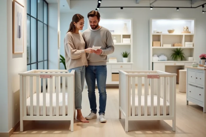 Couple comparant deux tailles de lit bébé, 60x120 cm et 70x140 cm, dans un magasin de puériculture pour choisir le modèle adapté