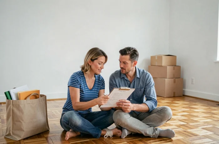 Couple assis sur le parquet d'un appartement vide consultant une liste de contrôle pour organiser leur déménagement