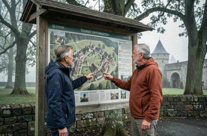 Couple de touristes étudiant le panneau d'information avec le plan du site de La Petite Pierre près des remparts