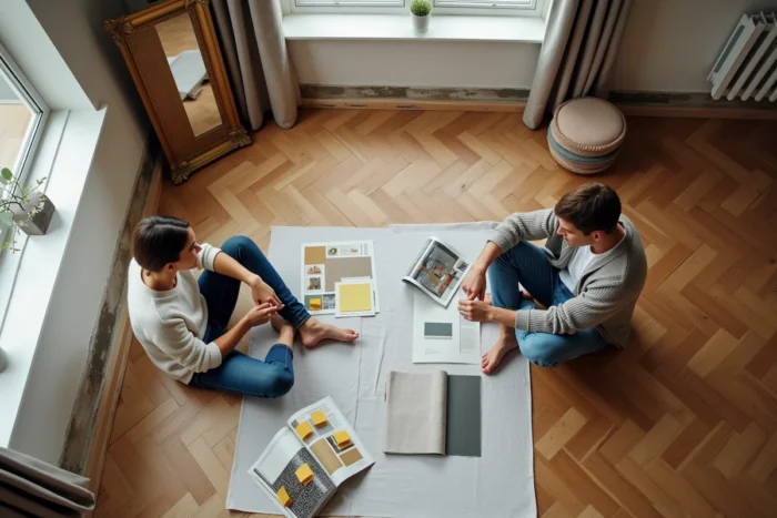 Couple assis sur un parquet en bois consultant des planches d'inspiration pour décorer leur chambre en cours de rénovation avec des échantillons de tissus
