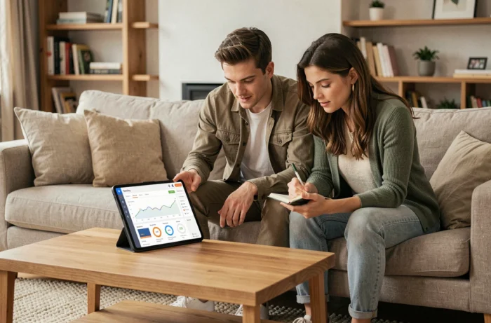 Couple planifiant leurs finances personnelles ensemble sur une tablette dans leur salon