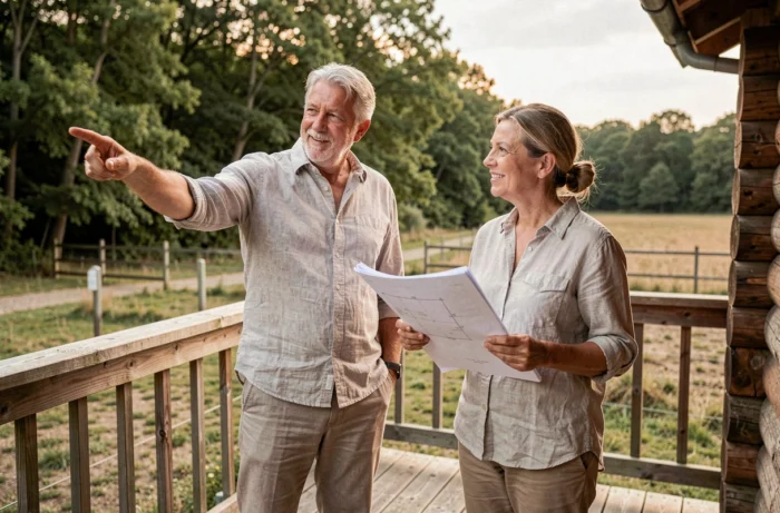 Couple discutant de leur projet de construction d'un chalet en bois sur leur propre terrain en France