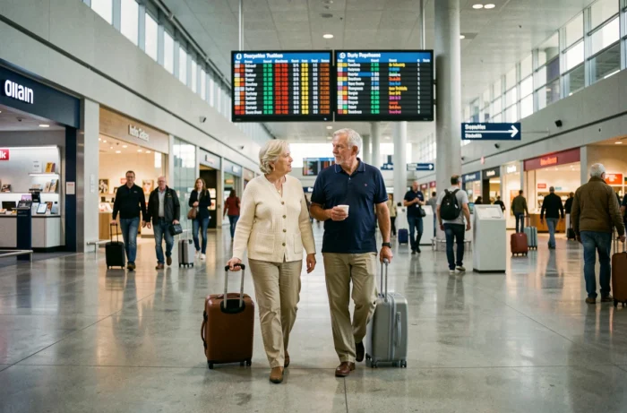 Couple de seniors voyageant sereinement à l'aéroport grâce aux avantages de la carte senior Air France
