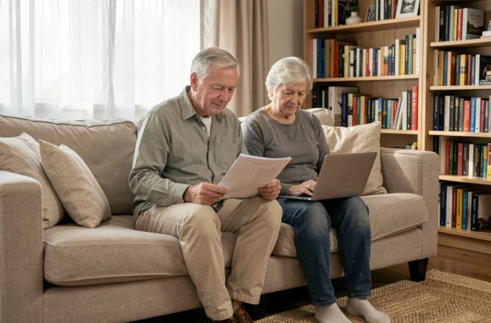 Couple de seniors à la retraite consultant ensemble des offres de services pour faciliter leur quotidien