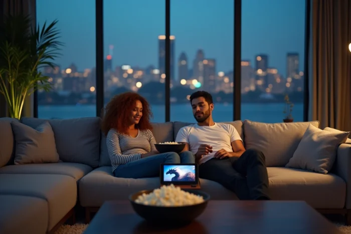 Couple regardant Game of Thrones en streaming sur tablette dans un appartement moderne avec vue sur la ville