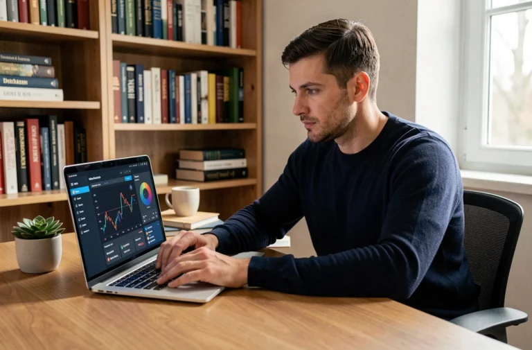 Un homme attentif analysant une interface blockchain sur son ordinateur portable dans un bureau à domicile organisé