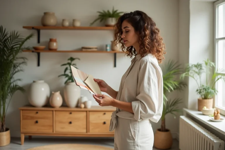 Femme tenant des échantillons de peinture dans un salon décoré avec des matières naturelles et des objets artisanaux pour personnaliser son intérieur