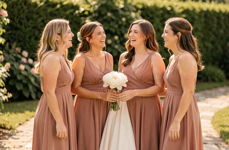 Groupe de demoiselles d'honneur dont une femme mariée portant une alliance, aux côtés de la mariée dans un jardin de château français
