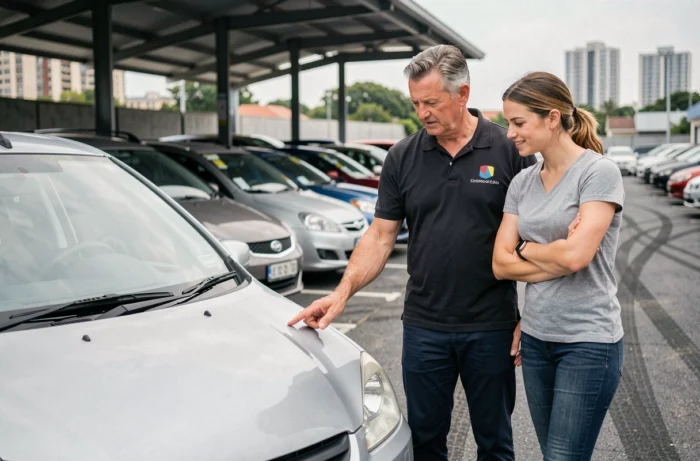 Professionnel de l'automobile présentant les caractéristiques d'un véhicule d'occasion à une acheteuse particulière en extérieur