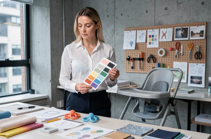 Designer spécialisée en puériculture travaillant sur de nouveaux prototypes d'accessoires pour bébé dans son studio