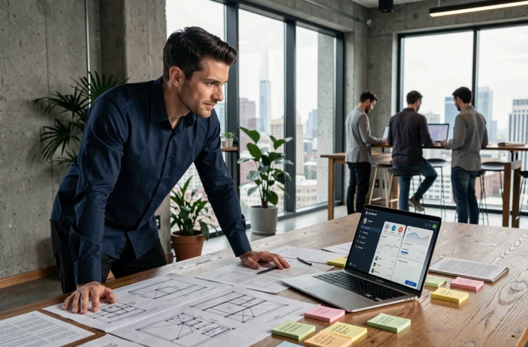 Designer produit analysant des maquettes d'interface sur une table de travail dans un studio moderne avec vue urbaine