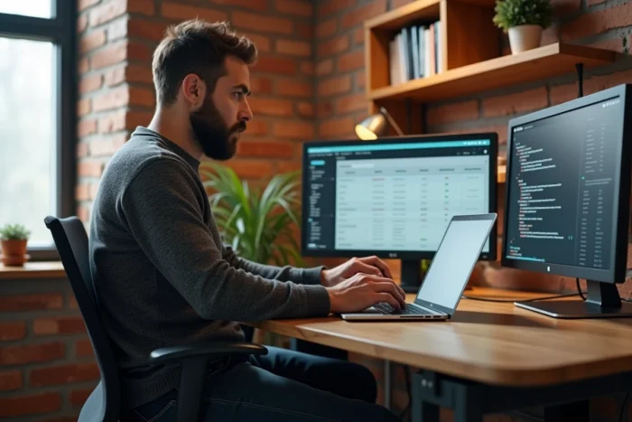 Développeur travaillant sur l'intégration d'alternatives logicielles dans un bureau à domicile
