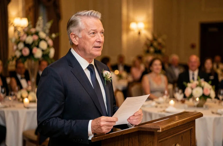Père ému prononçant un discours lors du mariage de son fils dans une salle de réception élégante