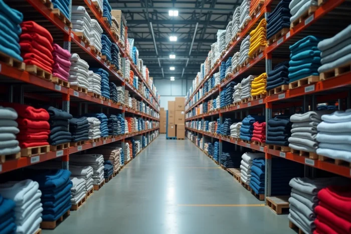 Entrepôt logistique rempli de vêtements Temu empilés sur des étagères industrielles